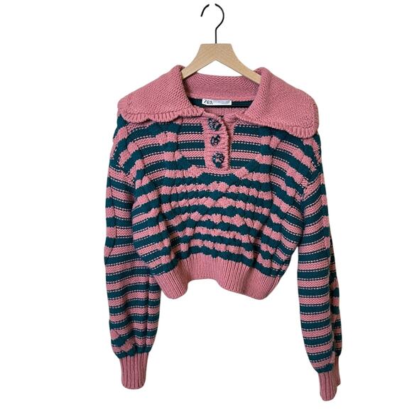 Zara Pink Green Striped Cable Knit Sweater Peter Pan Collar Womens Size L - Picture 5 of 9